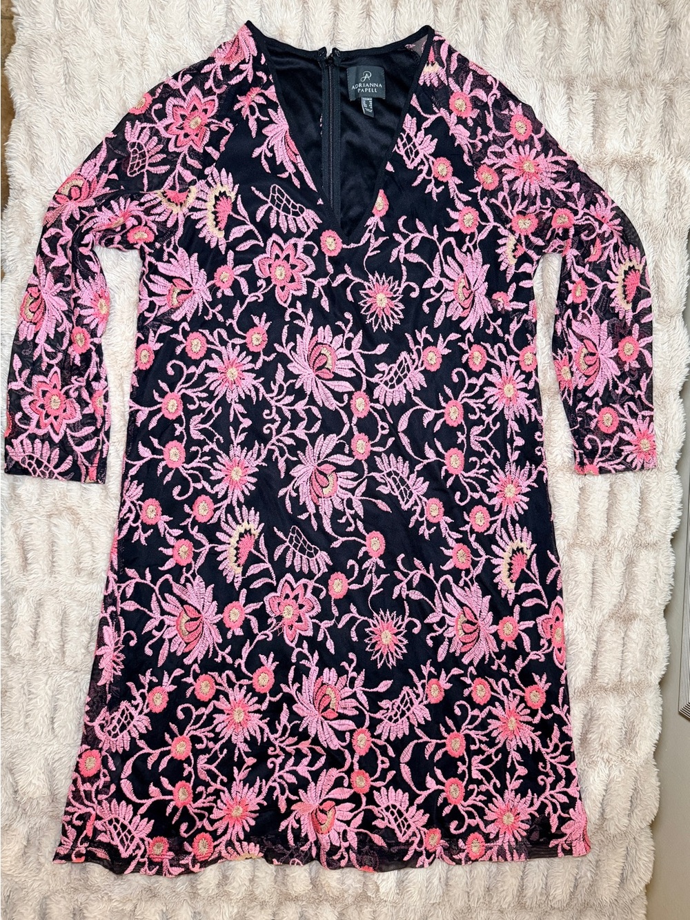 Adrianna Papell Black Dress with Pink Floral Embroidery